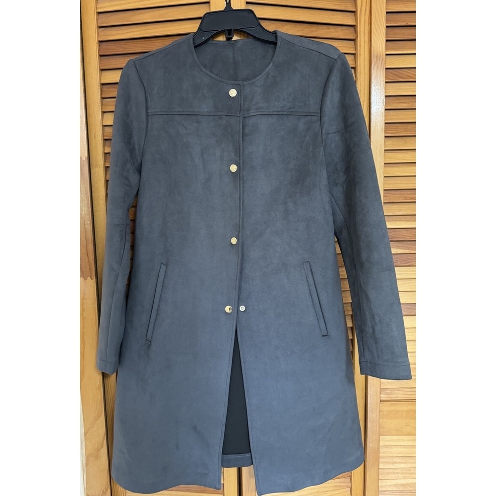 EUC! $115 Marc New York‎ Women's Faux Suede Gray Trench Coat Gold Buttons